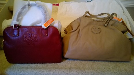 Tory Burch Binge:  Thea Triple-Zip Satchel in Dark Cherry, Marion Slouchy Tote in Clay Beige